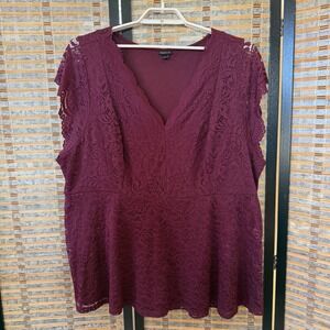 Torrid‎ Peplum Top Women 5 Burgundy Lace V-Neck Cap Sleeve Floral 13971540